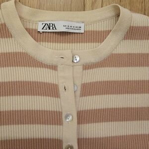 Zara Pinky Beige and Cream Striped Cardigan Ribbed Top Size Small or (XXS, XS)